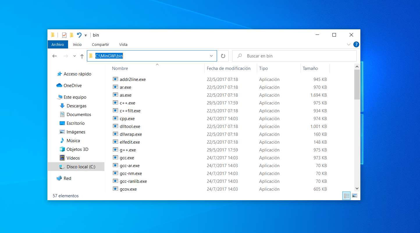 Carpeta bin de MinGW