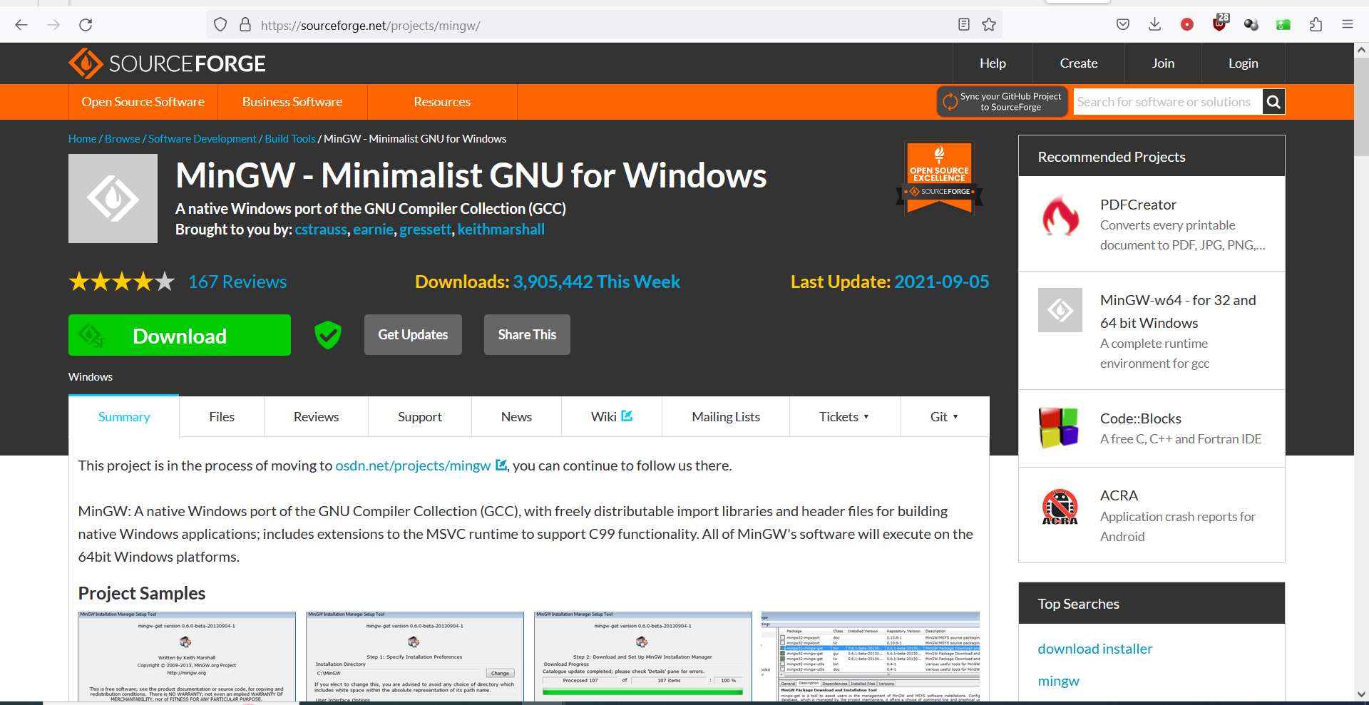 Página de descarga de MinGW